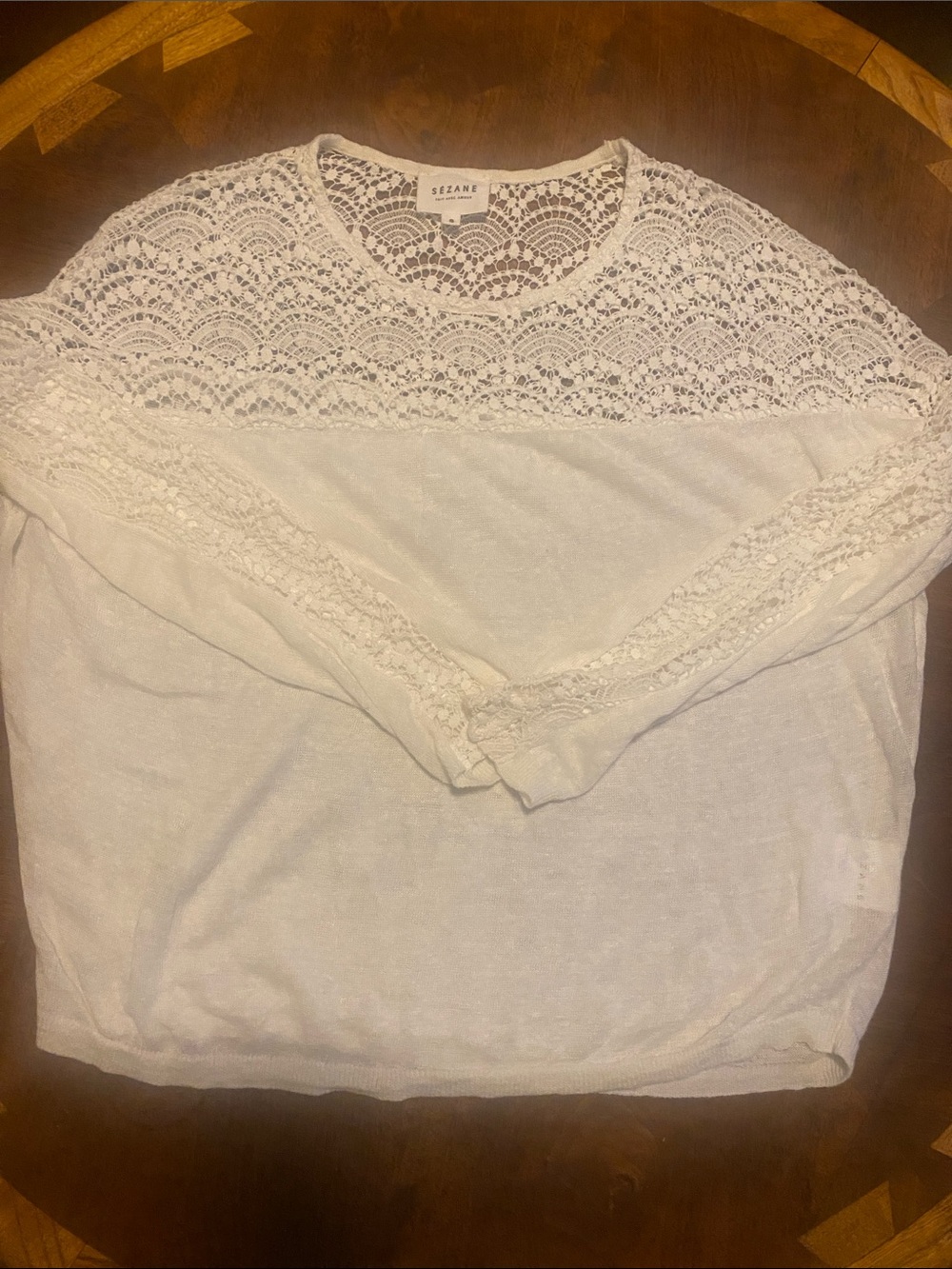 Sezane White Lace Yoke Long Sleeve Top
